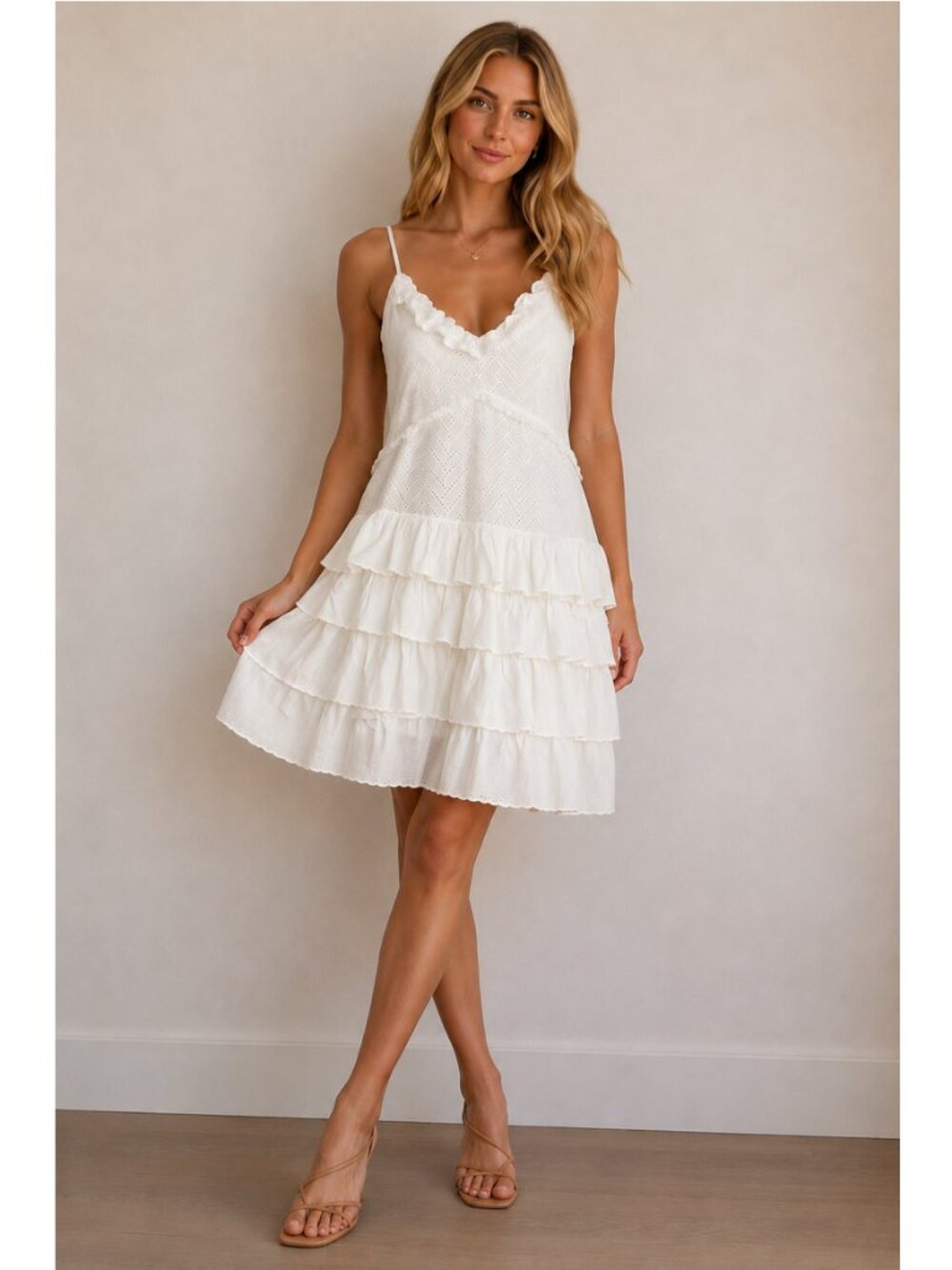 Nikkie White Eyelet Ruffle Mini Dress Cotton Boho Cottagecore Coquette Small